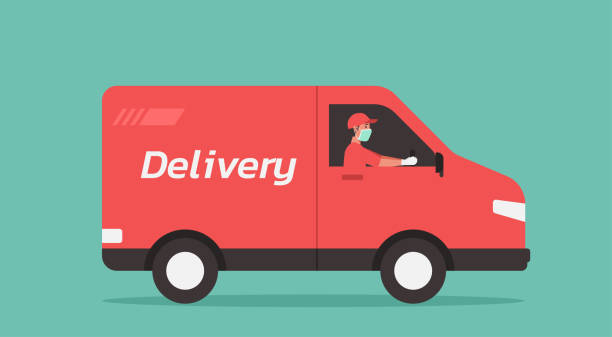Delivery man drives van service during the prevention of Covid-19. Courier wear face mask and glove. Quarantine, stay home and new normal concept, vector illustration